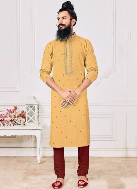 Yellow Colour Exclusive Festive Wear Poly With Embroidery Fancy Kurta Pajama Mens Collection RYN-KP-8